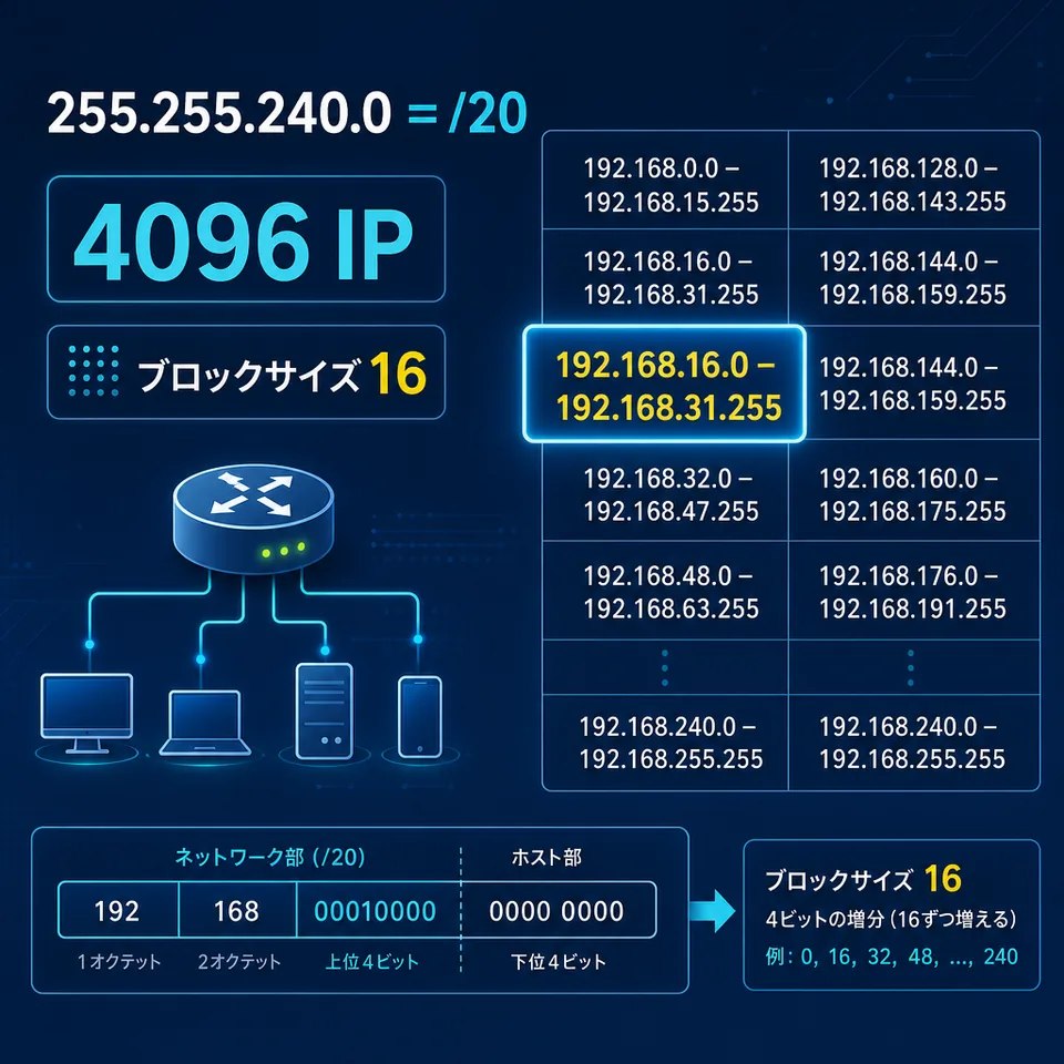 255.255.240.0はCIDR /20で4096個のIP範囲を持つサブネットマスク
