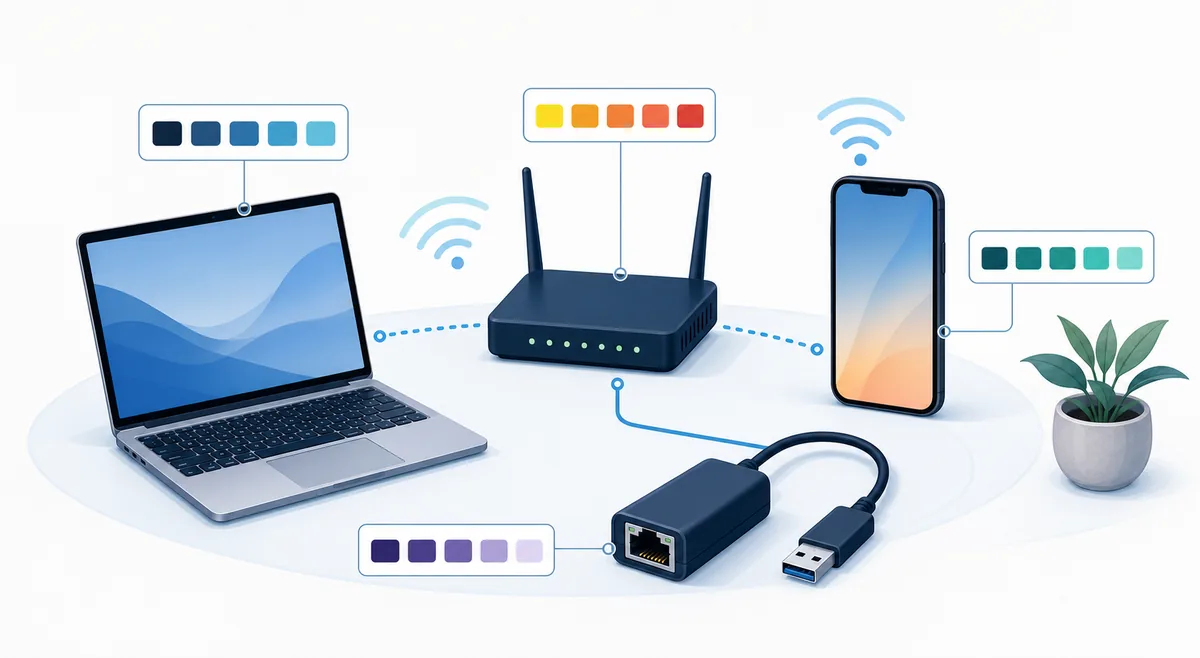 パソコン、スマートフォン、ルーターのMACアドレスを確認する概念図