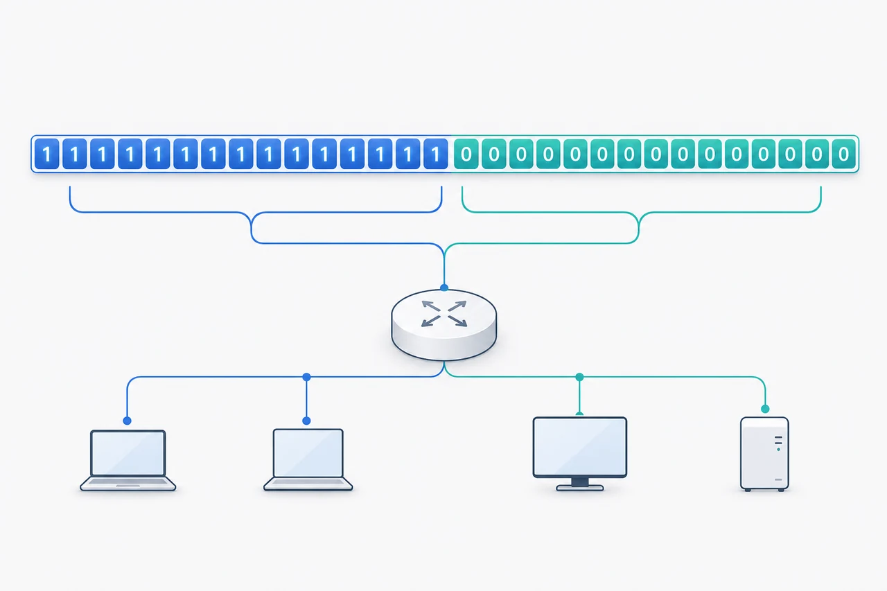 32ビットのサブネットマスクをネットワーク部とホスト部に分ける概念図