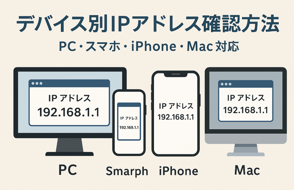 デバイス別IPアドレス確認方法 - PC、スマートフォン、iPhone、Macでの確認手順を示すイラスト